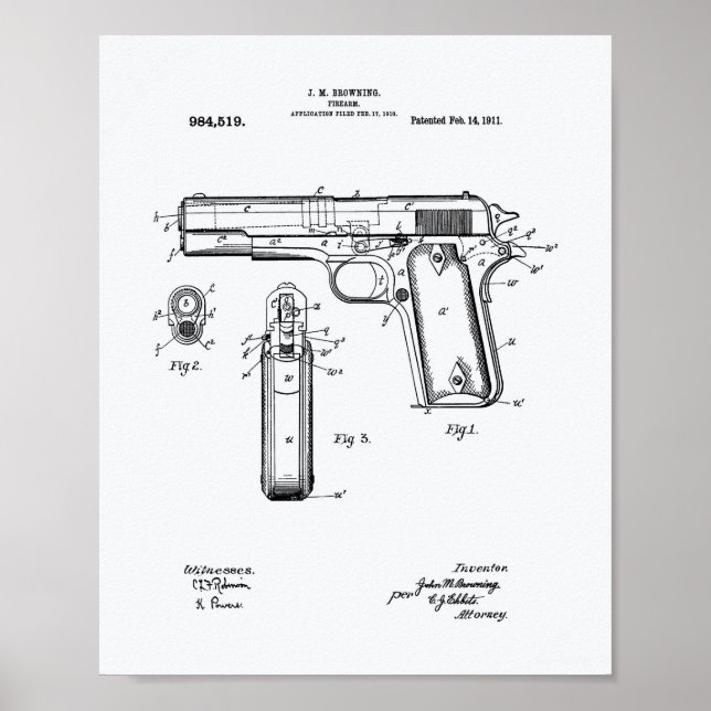 Colt.45 1911 Patent Art - vit Papper Poster (Framsidan)