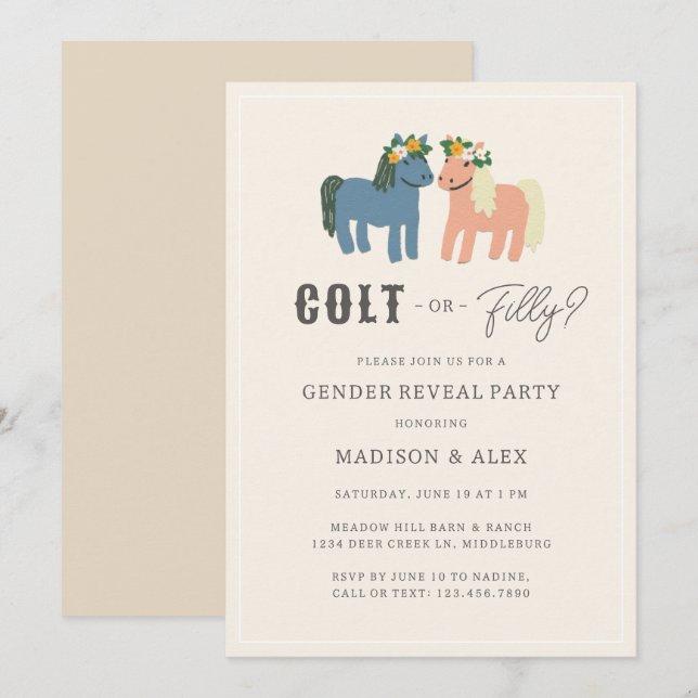 Colt or Filly Cute Horse Theme Gender Reveal Party Inbjudningar (Fram/baksida)