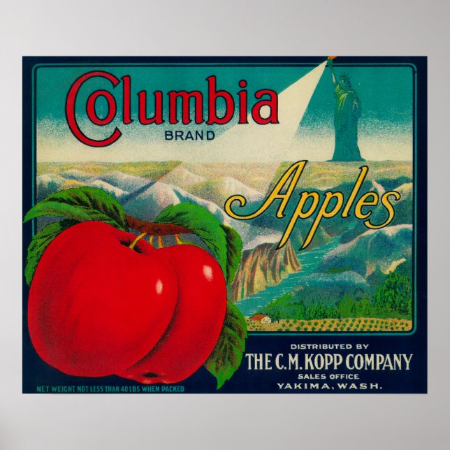 Columbia Apple Låda LabelYakima, WA Poster (Framsidan)