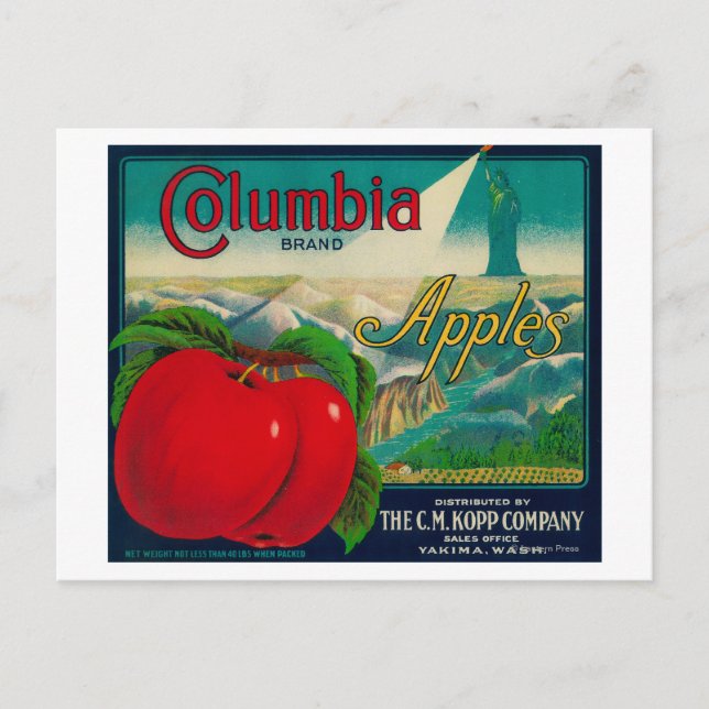 Columbia Apple Låda LabelYakima, WA Vykort (Framsida)