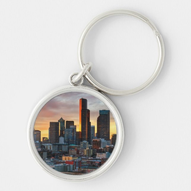 Columbia centrerar och i stadens centrum Seattle, Rund Silverfärgad Nyckelring (Framsidan)