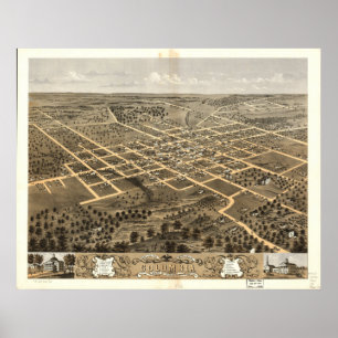 Columbia Missouri 1869 Antique Panoramic Karta Poster