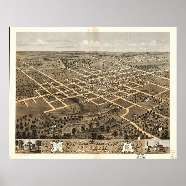 Columbia Missouri 1869 Antique Panoramic Karta Poster (Framsidan)
