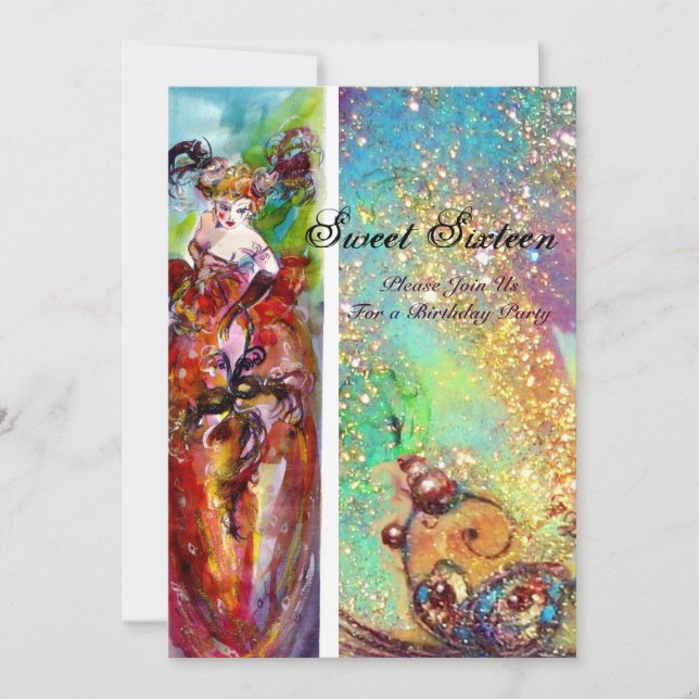 COLUMBINE Sweet sixteen MasqueraParty, blå guld Inbjudningar (Framsida)