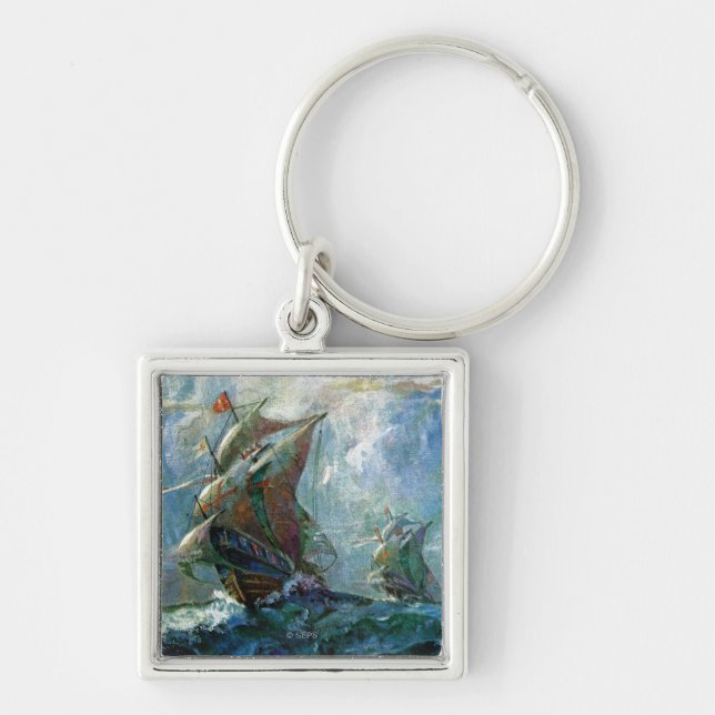 Columbus Day Fyrkantig Silverfärgad Nyckelring (Framsidan)