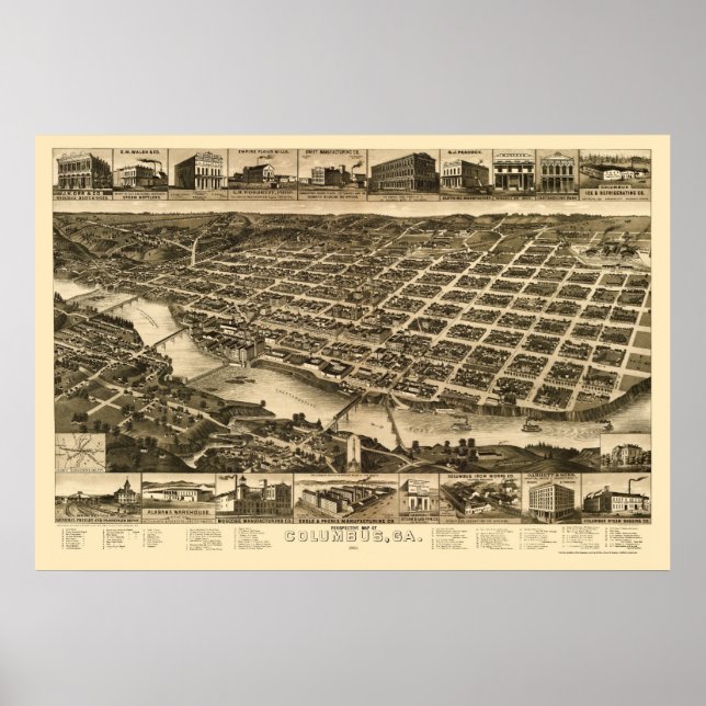Columbus, GA Panoramic Karta - 1886 Poster (Framsidan)