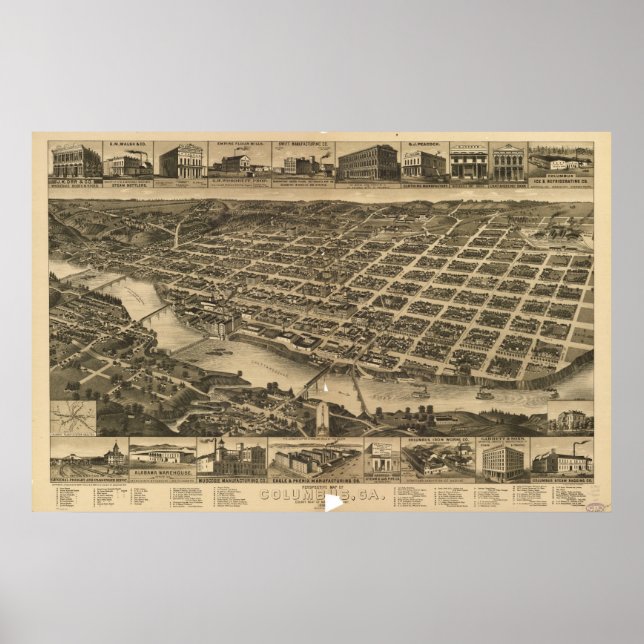 Columbus Georgia 1886 Antique Panoramic Karta Poster (Framsidan)