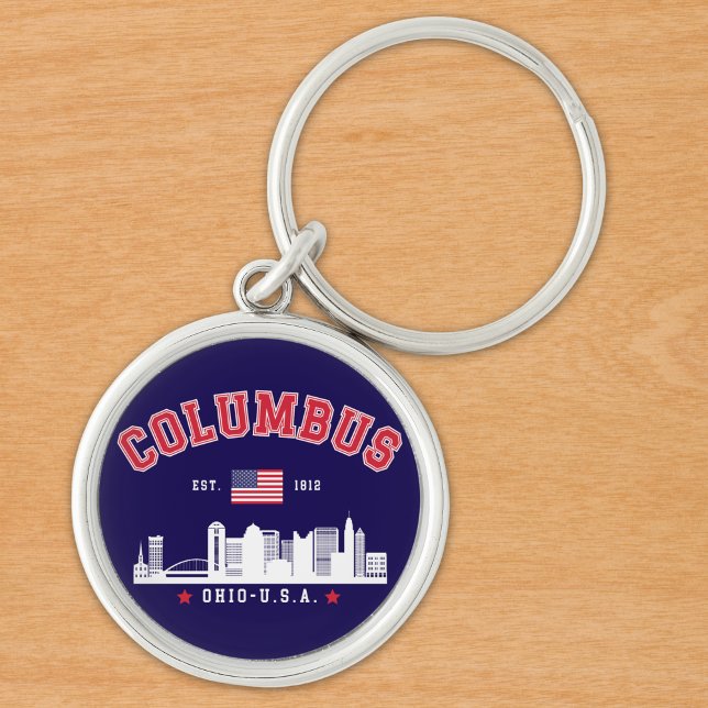 Columbus OH Downtown Silhouette Rund Silverfärgad Nyckelring (Skapare uppladdad)