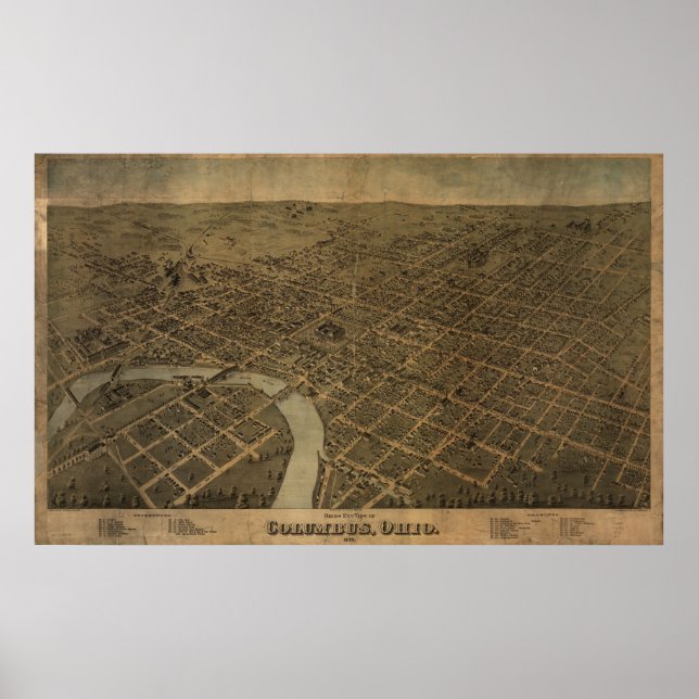 Columbus Ohio 1872 Antique Panoramic Karta Poster (Framsidan)
