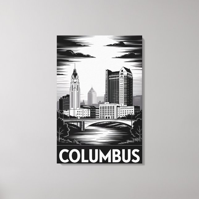Columbus Ohio Siluett Svart Vitt Träsnitt Canvastryck (Framsida)