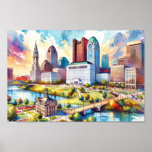 Columbus Ohio USA Travel Ställe vattenfärg Poster