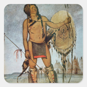 Comanche-krigare med sköld, lans och båge fyrkantigt klistermärke