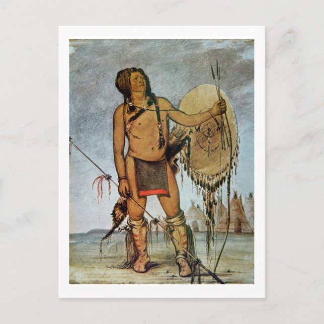 Comanche-krigare med sköld, lans och båge vykort (Framsida)