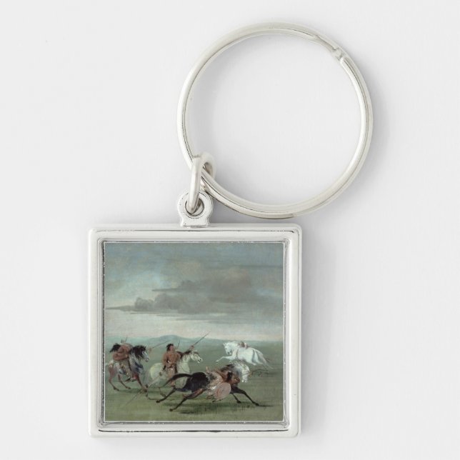 Comanchebedrifter av krigs- Horsemanship, 1834 Fyrkantig Silverfärgad Nyckelring (Framsidan)