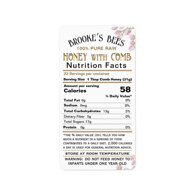 Comb Honung Nutrition Facts Infant Warning Hex Bur Adressetikett (Framsidan)