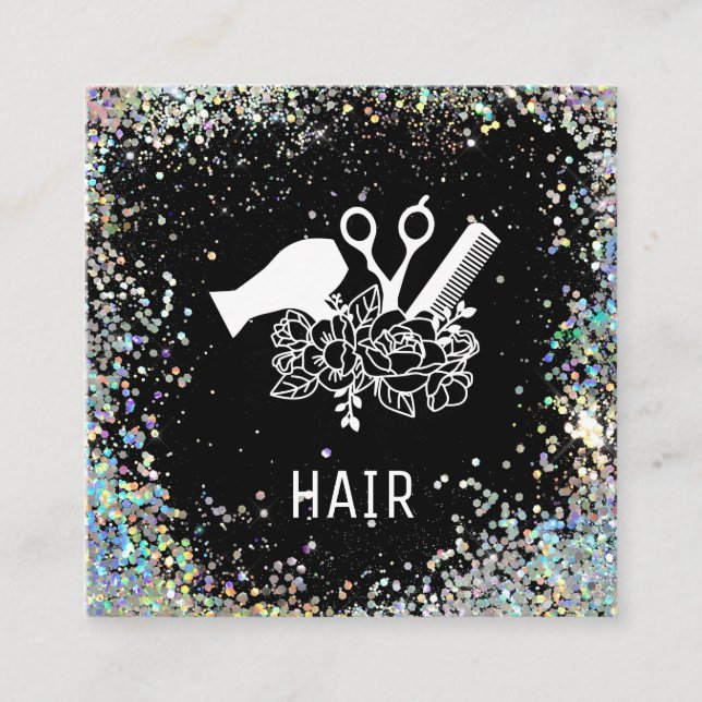 *~* Comb Scissors Flowers Rainbow Glitter AP6 Fyrkantigt Visitkort (Framsida)