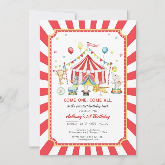 Come One Come All Circus Boy Birthday Invitation Inbjudningar (Framsida)