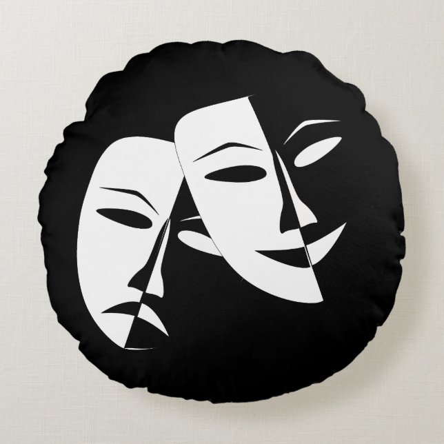 /Comedy/Tragedy Black/White Round Pillow Rund Kudde (Framsidan)