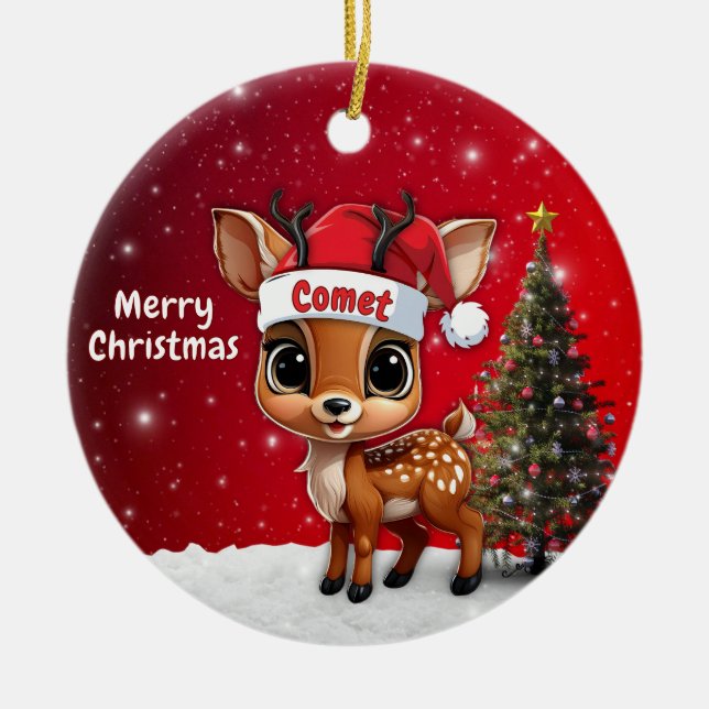 Comet Baby Deer, Fawn, Doe, Reindeer🦌 🎄 Julgransprydnad Keramik (Framsidan)