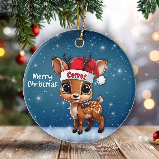 Comet Whimsical Reindeer Baby Woodland Animal 🦌🎄 Julgransprydnad Keramik (Comet Whimsical Reindeer Baby Woodland Animal Cute Fawn Personalizable Blue Ceramic Ornament  🦌🎄)