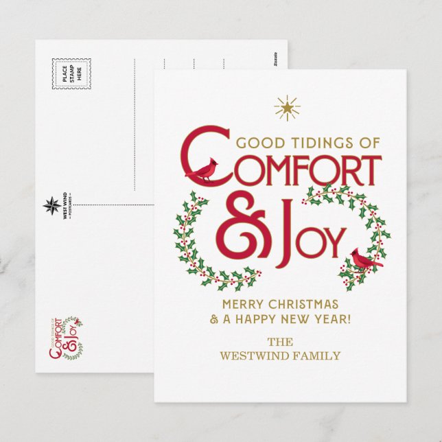 Comfort och Joy God jul Holly Helg Vykort (Fram/baksida)