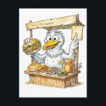 Comic Bird at Fish Stand Vykort<br><div class="desc">A cheerful coastal bird runs a small fish‑sandwich stand,  surrounded by snacks,  crates and maritime charm. This comic‑style illustration blends seaside humor with quirky character design,  perfect for coastal décor,  fun gifts and nautical‑themed collections.</div>