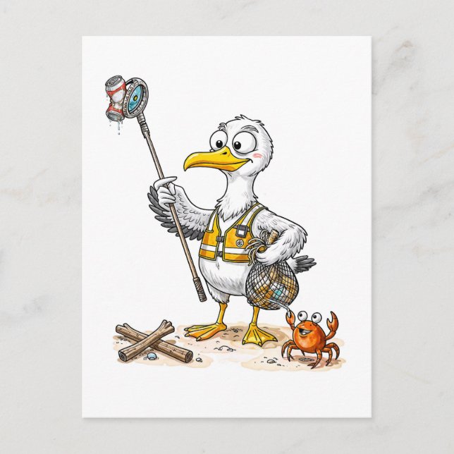 Comic Bird Beach Cleanup Crew Vykort (Framsida)