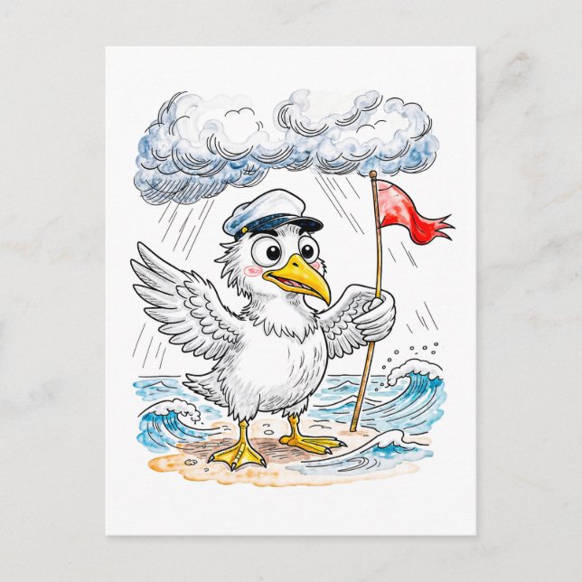 Comic Bird Beach Wind Check Postcard Vykort (Framsida)