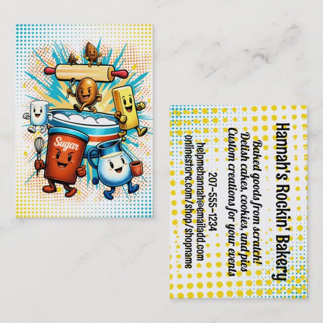 Comic book hippie baking ingredients bakery visitkort (Fram/baksida)