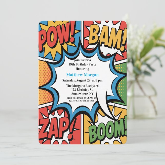 Comic Book Pop Art Boy Birthday Party White Inbjudningar (Stående Fram)