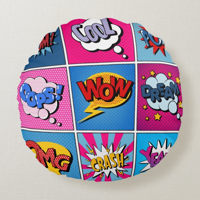 Comic Bubbles Set. Expressions Bom, Cool, Pow, Oop Rund Kudde (Framsidan)
