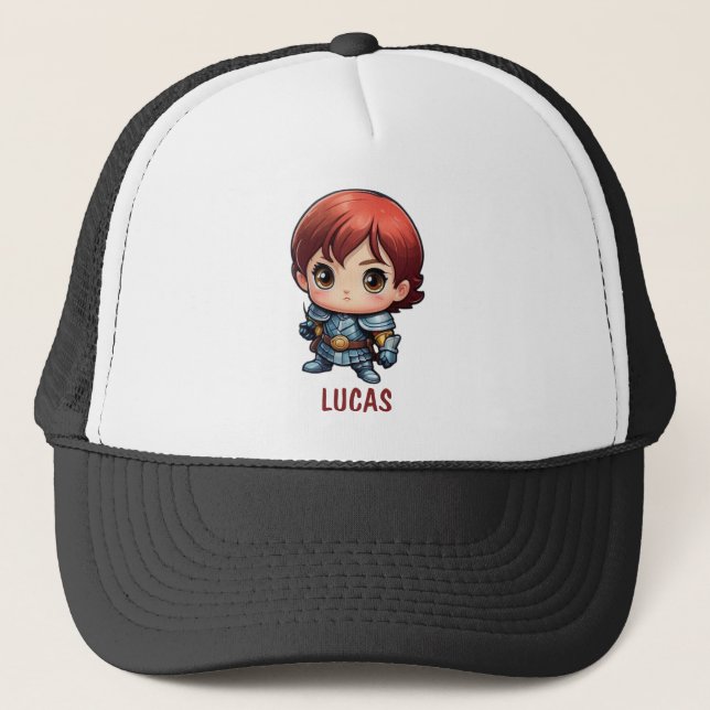 Comic Knight Chibi Kid Character Trucker Hat Keps (Framsida)