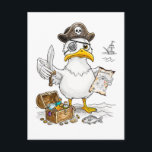 Comic Pirate Bird Treasure Hunt Vykort<br><div class="desc">A bold pirate bird guards a wooden chest while studying an old treasure map. This comic‑style illustration blends coastal adventure with playful humor,  perfect for maritime décor,  quirky character art and fans of imaginative seaside stories.</div>