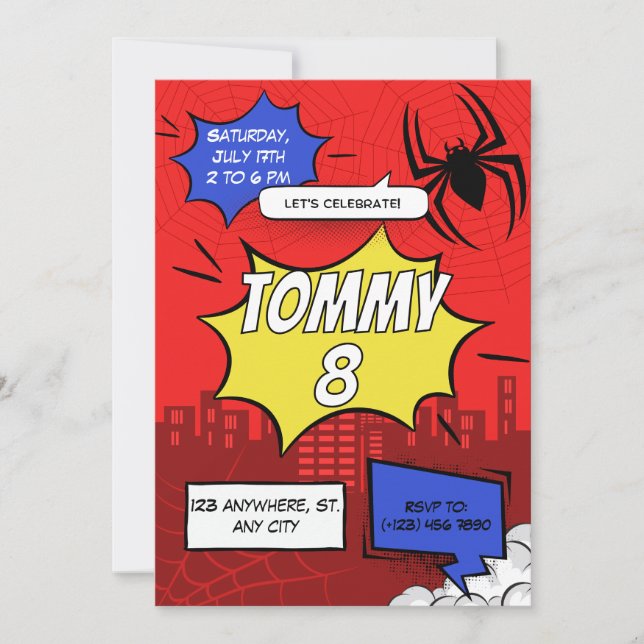 Comic Spider Theme Birthday Party Invitation Inbjudningar (Framsida)