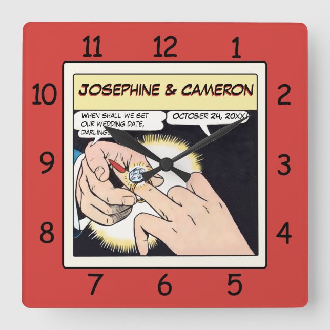 Comic Style Bling Ring Bröllopsklocka Röd Fyrkantig Klocka (Framsida)