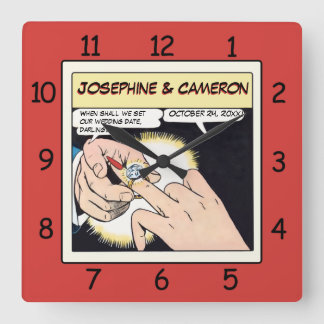 Comic Style Bling Ring Bröllopsklocka Röd Fyrkantig Klocka