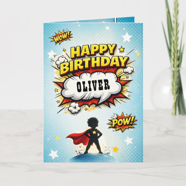 Comic Style Superhero Boy's Name Birthday Kort (Framsida)