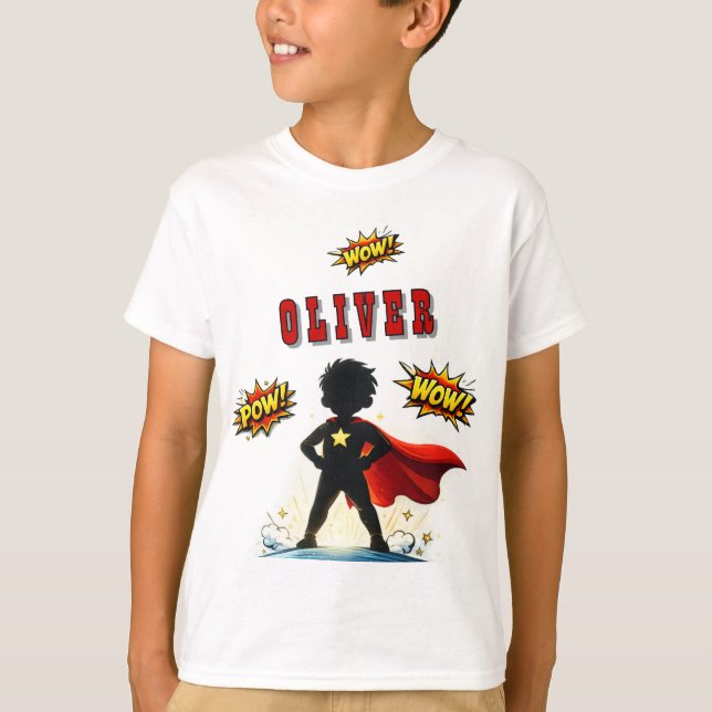 Comic Style Superhero Boy's Name Birthday Party T Shirt (Framsida)