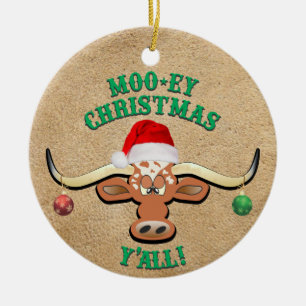 Comical Longhorn Steer Julgransprydnad Keramik