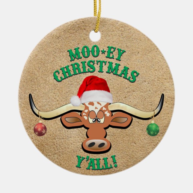 Comical Longhorn Steer Julgransprydnad Keramik (Framsidan)