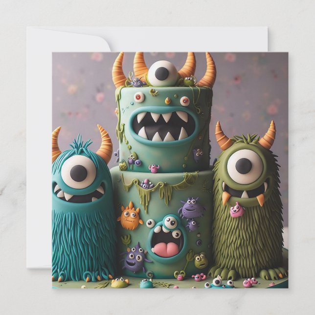 COMICAL ODDBALL KOOKY MONSTER CAKE BIRTHDAY INBJUDNINGAR (Framsida)