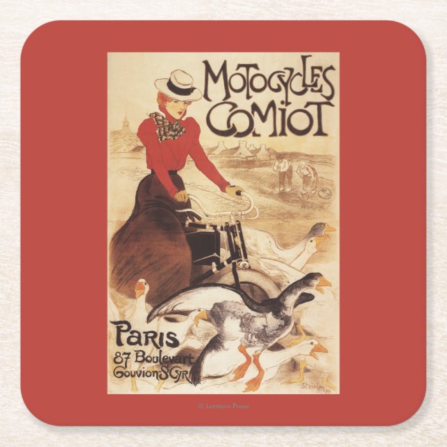 Comiot Motocycles kvinna och gässPromoaffisch Underlägg Papper Kvadrat (Framsidan)