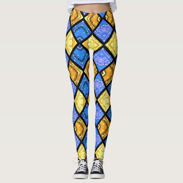 Commedia dell'Arte Harlequin Blue & Guld Leggings (Framsida)