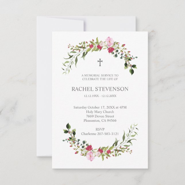 Commemorative In memoriam Floral in Pink & Red Inbjudningar (Framsida)