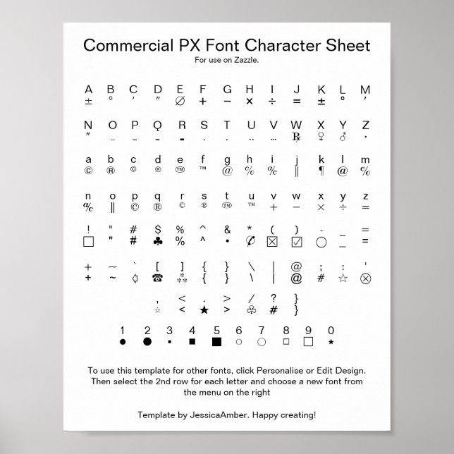 Commercial PX Font Character Sheet for Zazzle Poster (Framsidan)