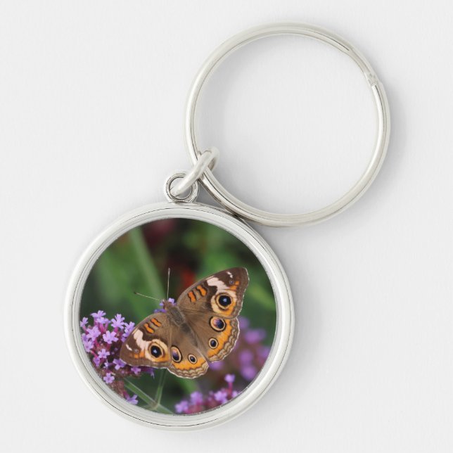 Common Buckeye Butterfly på Verbena Keychain Rund Silverfärgad Nyckelring (Framsidan)