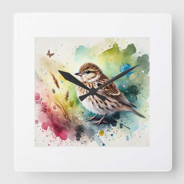 Common Linnet 210724AREF102 - Watercolor Fyrkantig Klocka (Framsida)