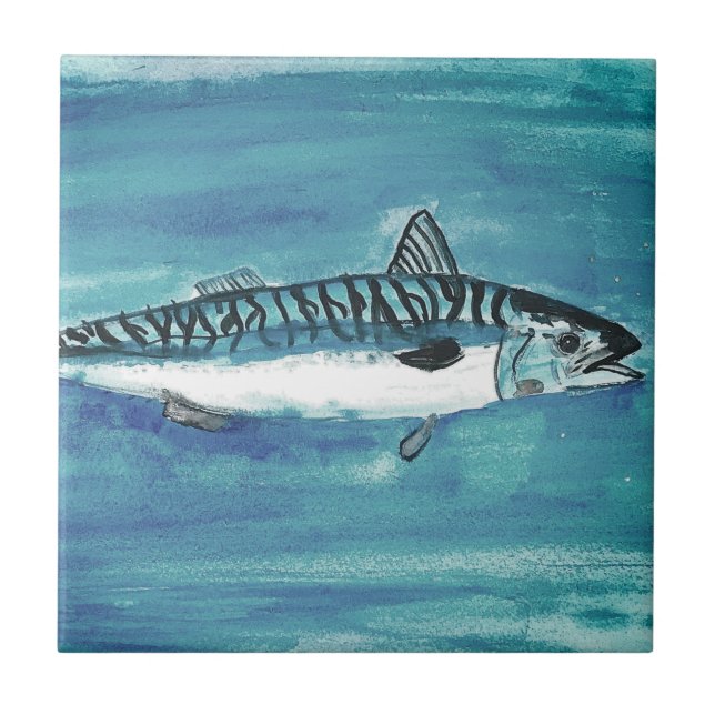 Common Mackerel Fish Watercolor Blue Nautical Kakelplatta (Framsidan)