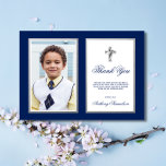Communion Baptism Confirmation Navy Boy PHOTO Tack Kort<br><div class="desc">Ett mycket modernt tack med Photo for First Heliga Communion,  Baptism/Christening,  religiösa för bekräftelse. Tungblått med vitt rand och fet silver kor med ram.</div>
