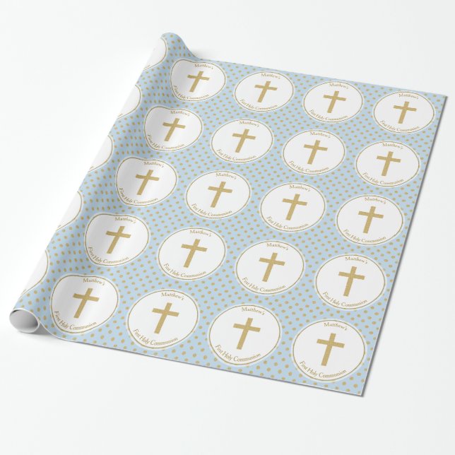 Communion Blue med Guld Polka dots Presentpapper (Utrullad)